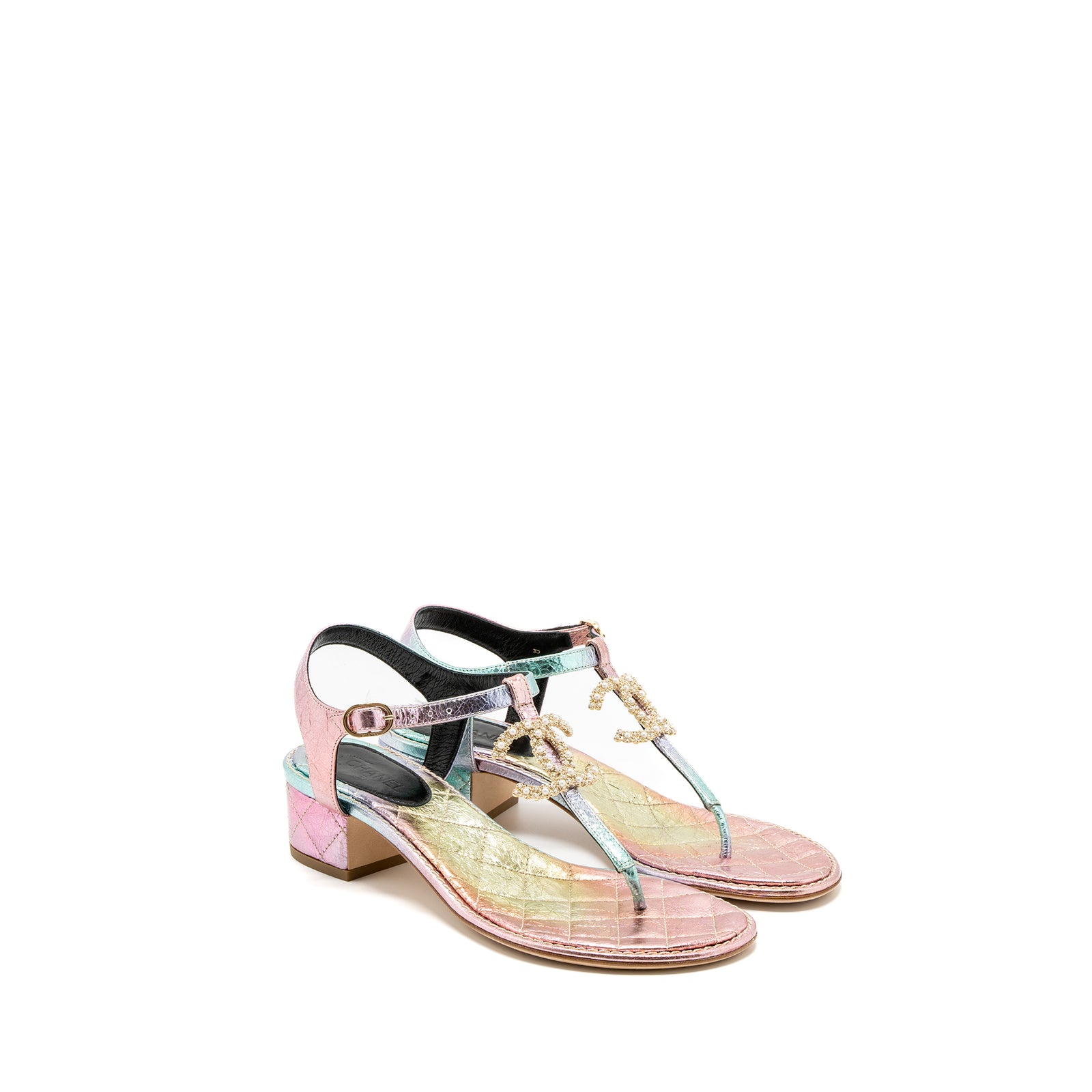CHANEL  ミュール　38 CHANEL Leather Open Toe Mules Heels 38 7 Pink Buckle CC Logo