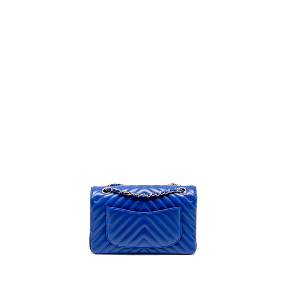 Chanel small classic double flap bag chevron lambskin blue LGHW