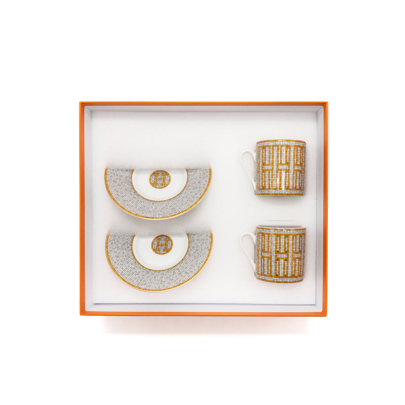 HERMES MOSAIQUE au 24 gold coffee cup and saucer (2 sets)