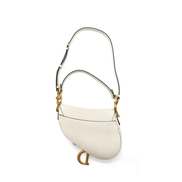 Dior medium saddle bag with strap grained calfskin white GHW