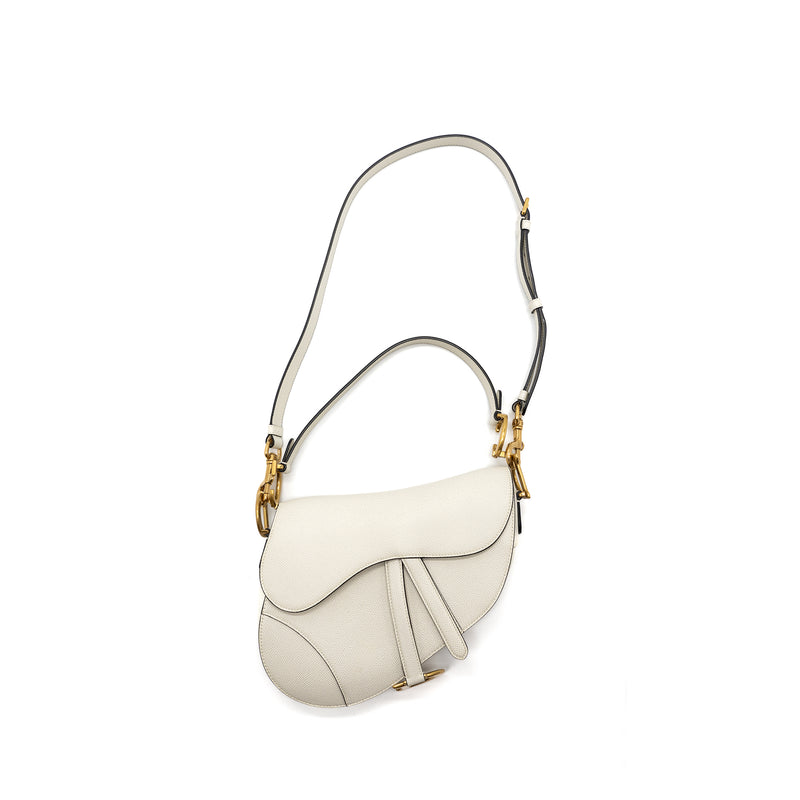 Dior medium saddle bag with strap grained calfskin white GHW