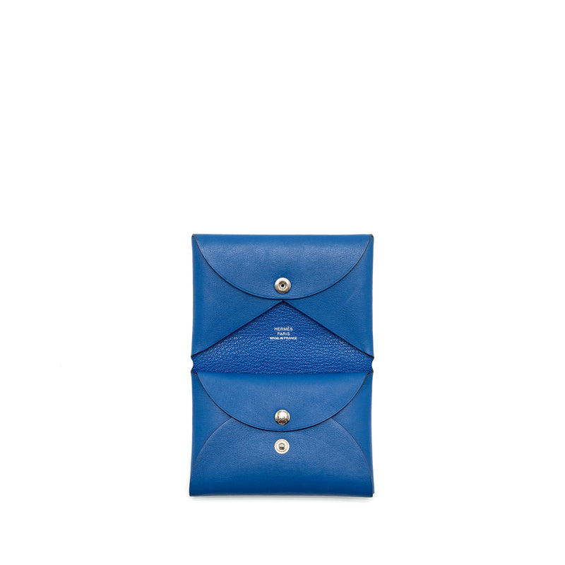 Hermes Calvi Duo Card Holder Swift Limited Print Blue France/Mauve Sylvestre SHW Stamp U