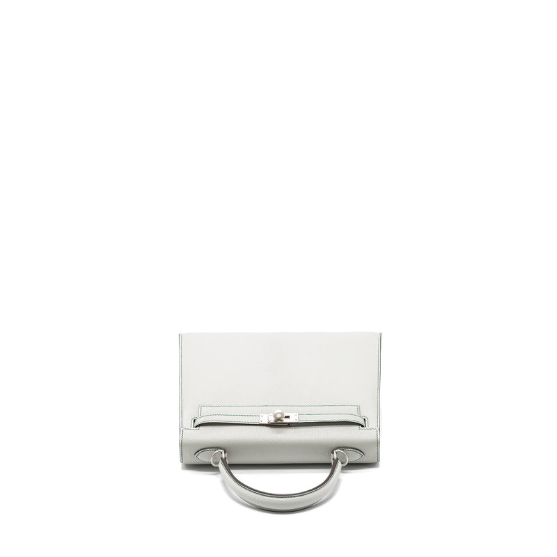 Hermes kelly 25 chevre Mysore leather gris perle / Malachite / vert emeraude brushed SHW stamp U