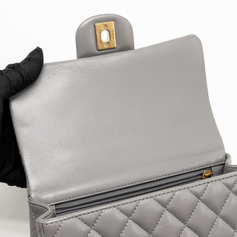 Chanel 22k Metal Top Handle Mini Rectangular Flap Bag Lambskin Grey GHW (Microchip)