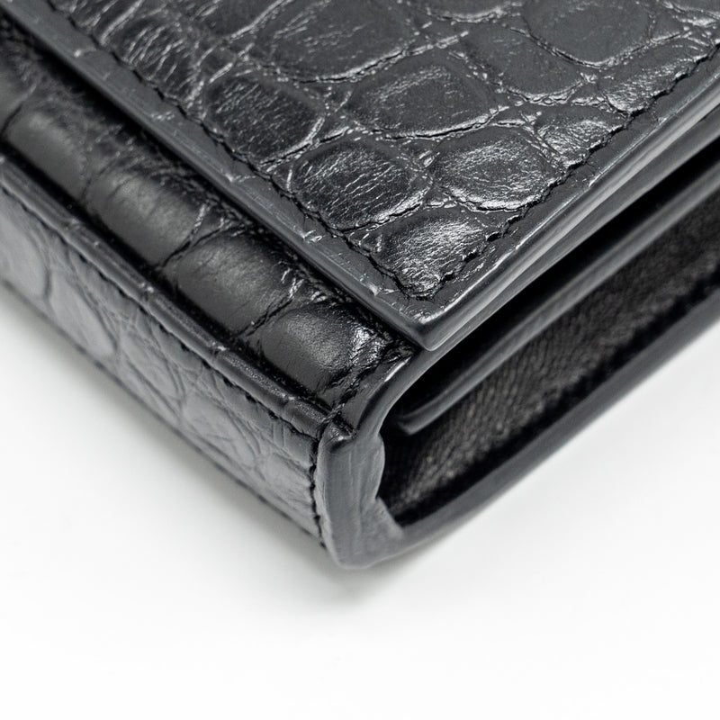 SAINT LAURENT / YSL Classic Chain Wallet Croc-Embossed Calfskin Black SHW