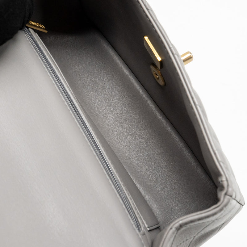 Chanel 22k Metal Top Handle Mini Rectangular Flap Bag Lambskin Grey GHW (Microchip)