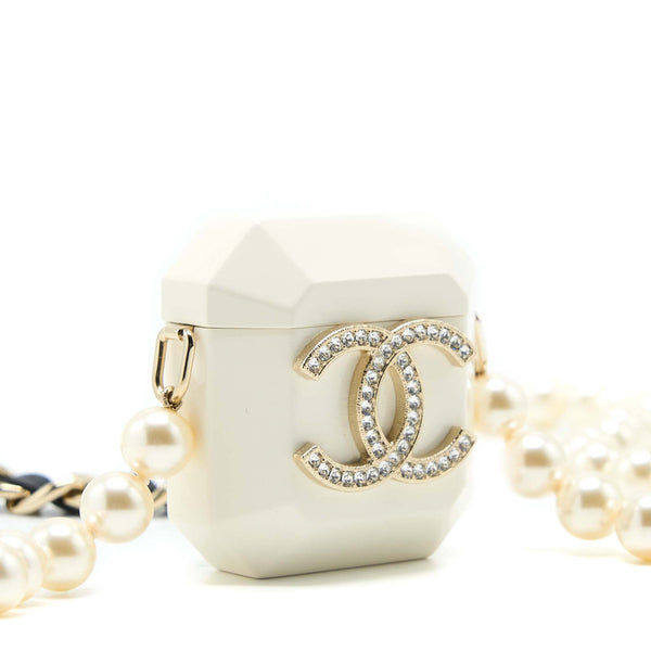 Chanel AirPods Case With Pearl Chain White Light Gold Tone