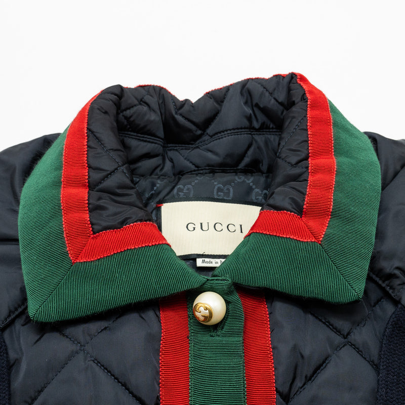 Gucci Size 42 Quilted Web Coat with Pearl Button Polyamide Black