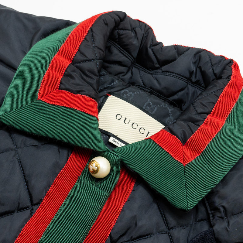 Gucci Size 42 Quilted Web Coat with Pearl Button Polyamide Black