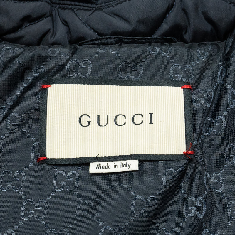 Gucci Size 42 Quilted Web Coat with Pearl Button Polyamide Black