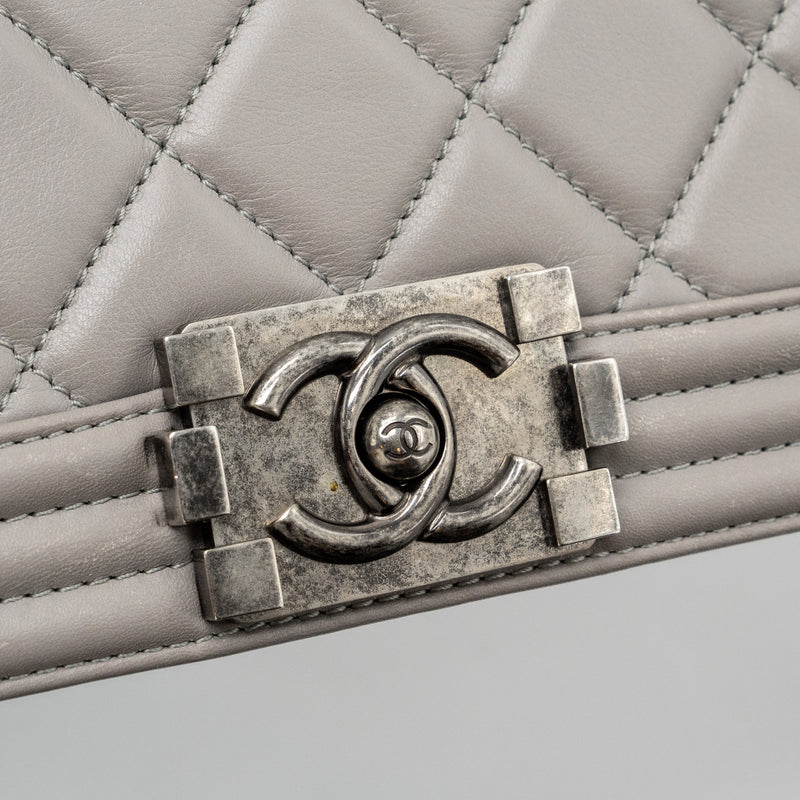 Chanel Medium Boy Bag Calfskin Grey Ruthenium Silver Hardware