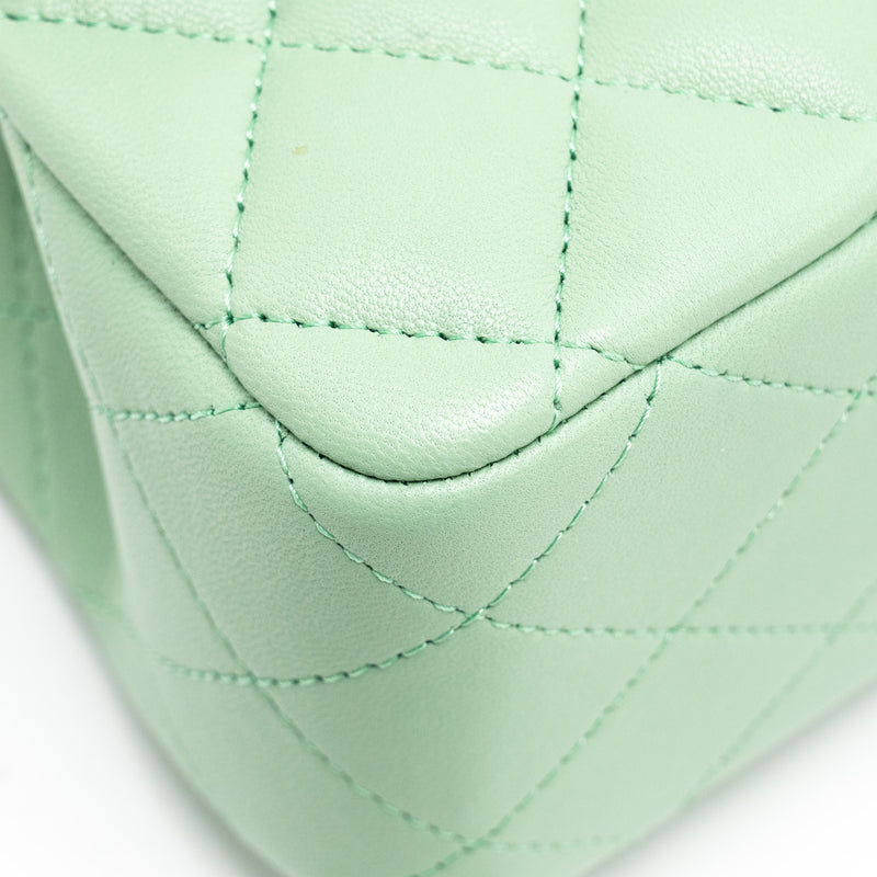 Chanel Top handle mini rectangular flap bag lambskin light green LGHW (microchip)