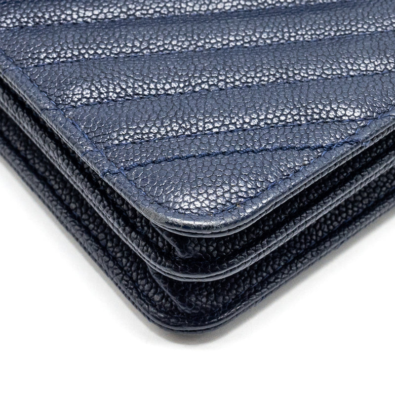 CHANEL Square Chevron Wallet On Chain Navy Caviar Navy SHW