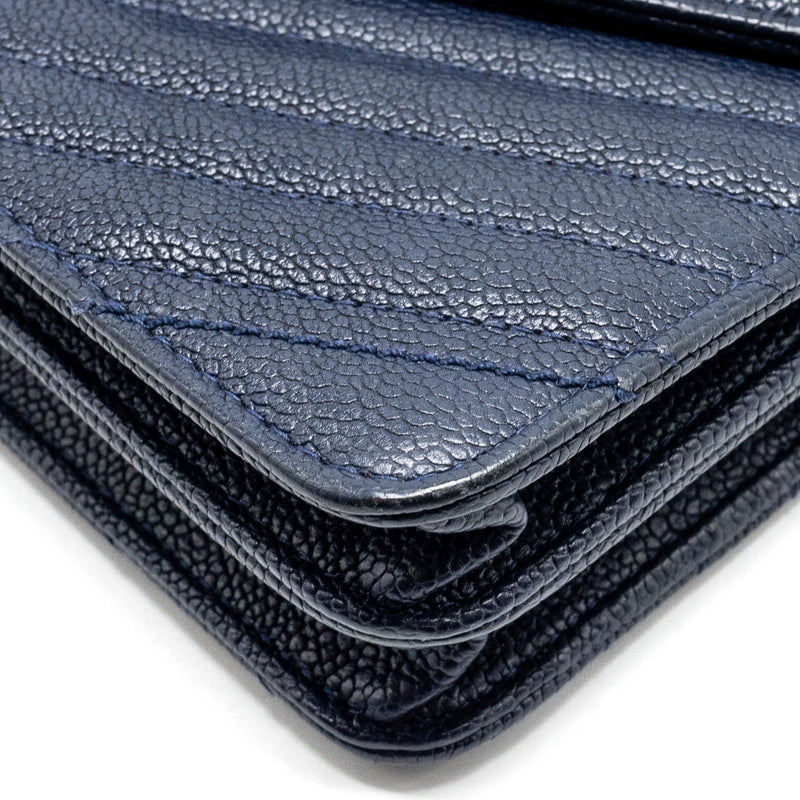 CHANEL Square Chevron Wallet On Chain Navy Caviar Navy SHW