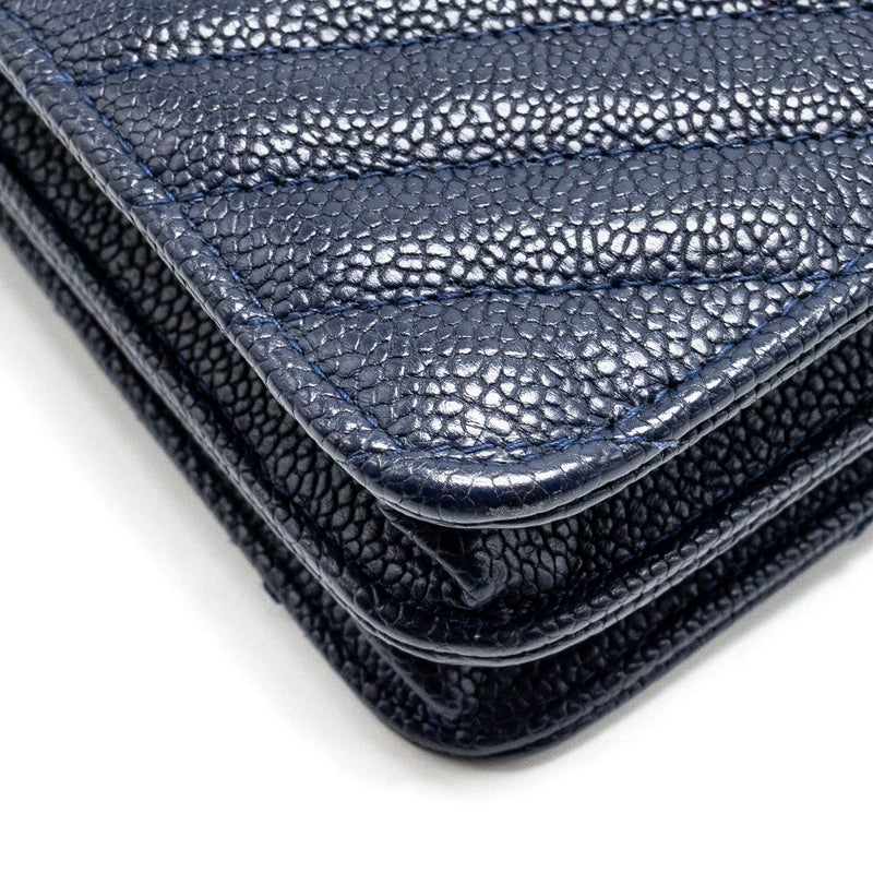 CHANEL Square Chevron Wallet On Chain Navy Caviar Navy SHW