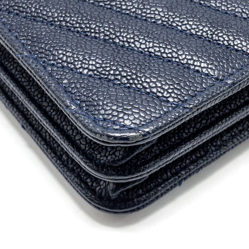 CHANEL Square Chevron Wallet On Chain Navy Caviar Navy SHW