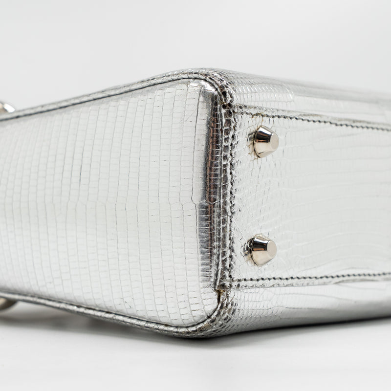 Dior Mini Lady Dior Flower Studded Metal Handle Lizard Silver SHW