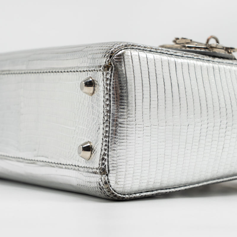 Dior Mini Lady Dior Flower Studded Metal Handle Lizard Silver SHW