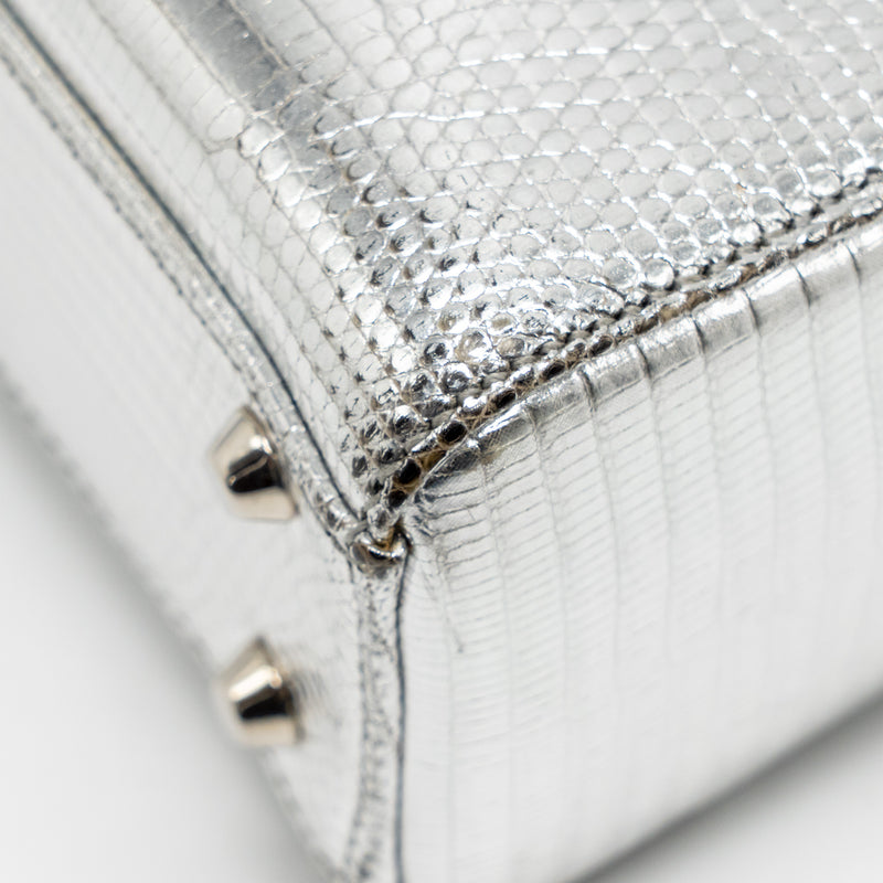 Dior Mini Lady Dior Flower Studded Metal Handle Lizard Silver SHW