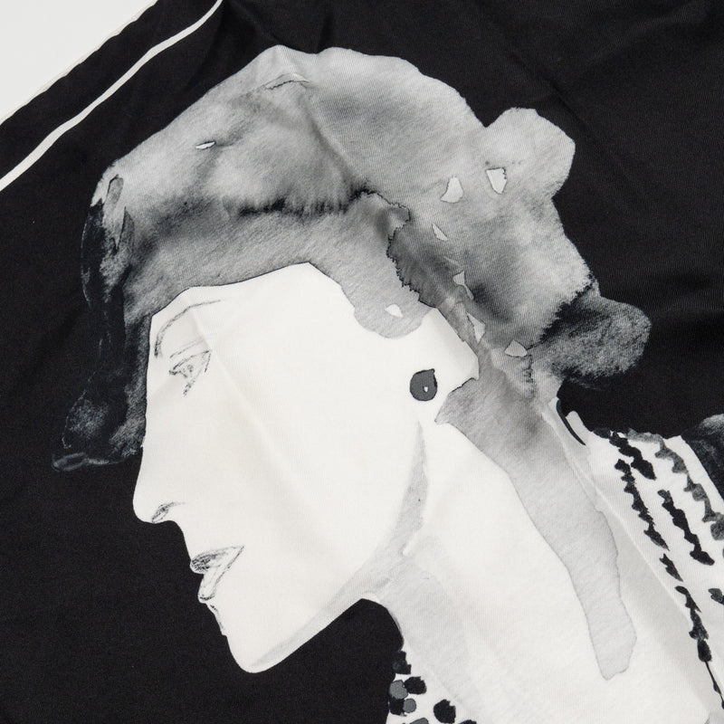 CHANEL 90x90cm Coco Chanel Silk Scarf Black / White