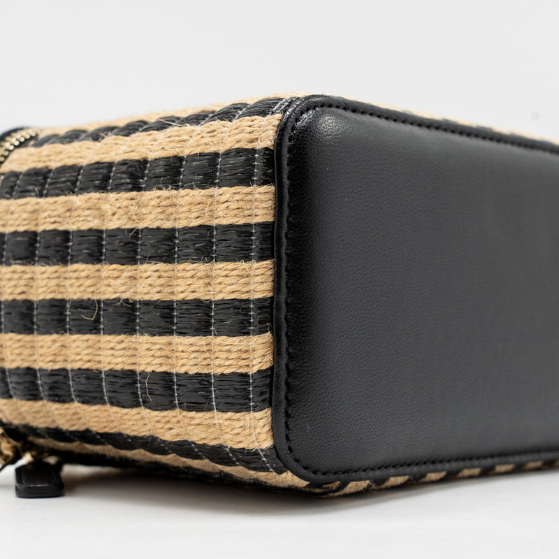 Chanel long vanity case bag raffia/calfskin black/beige LGHW