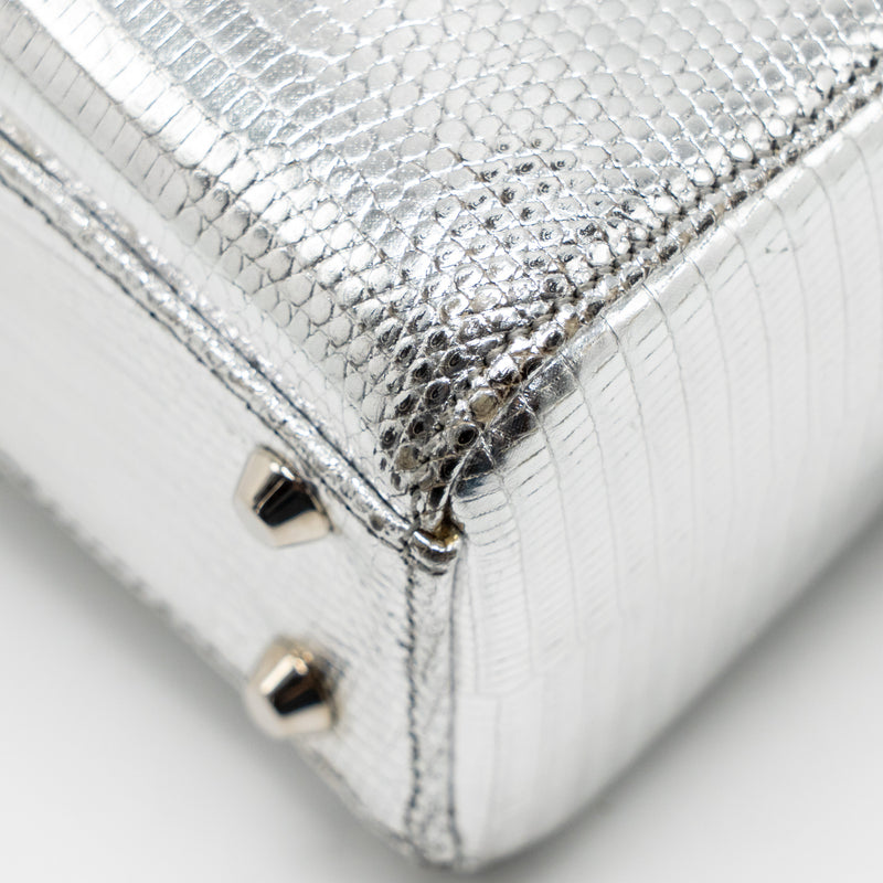 Dior Mini Lady Dior Flower Studded Metal Handle Lizard Silver SHW