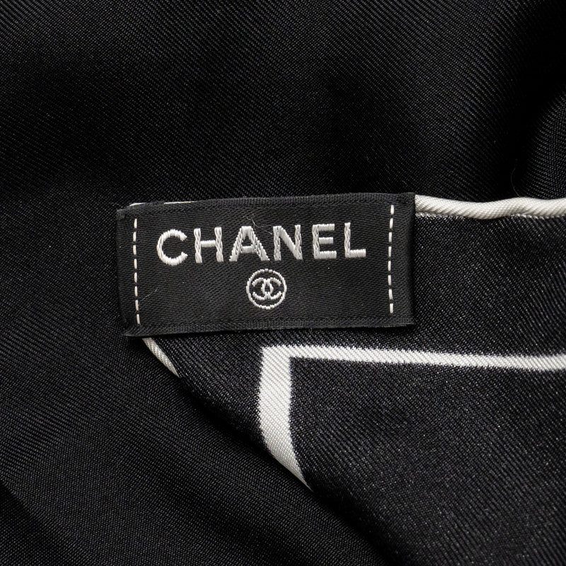 CHANEL 90x90cm Coco Chanel Silk Scarf Black / White