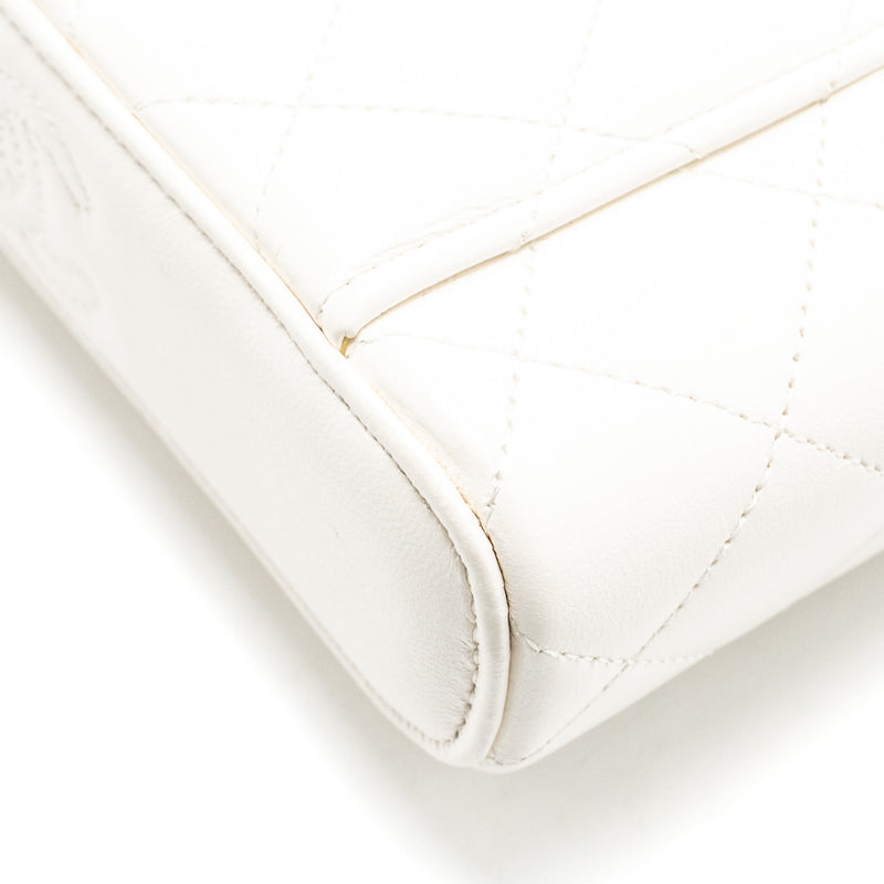Chanel 23k Camellia Top Handle Long Vanity Case With Chain Calfskin White LGHW (Microchip)