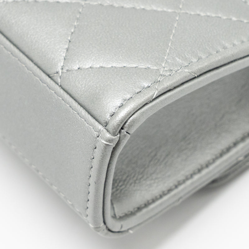 Chanel Top handle mini flap bag with chain lambskin silver SHW (microchip)