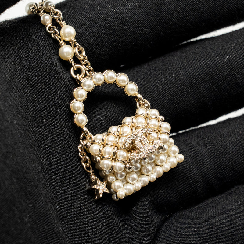 Chanel Mini pearl bag necklace light gold tone