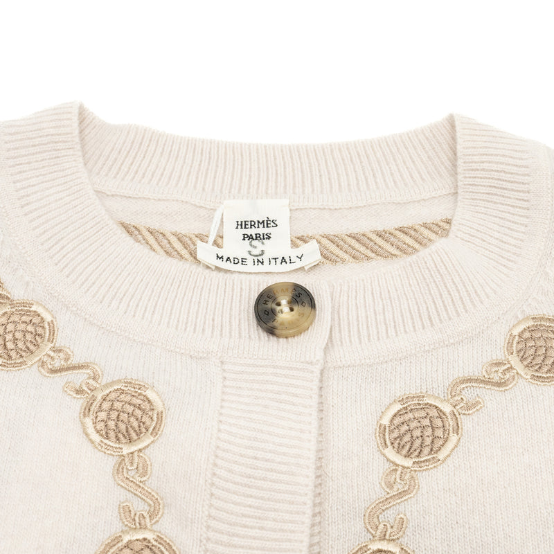 Hermes Size 34 Maille Tambours boutonne Cardigan Virgin Wool Blanc Pouos