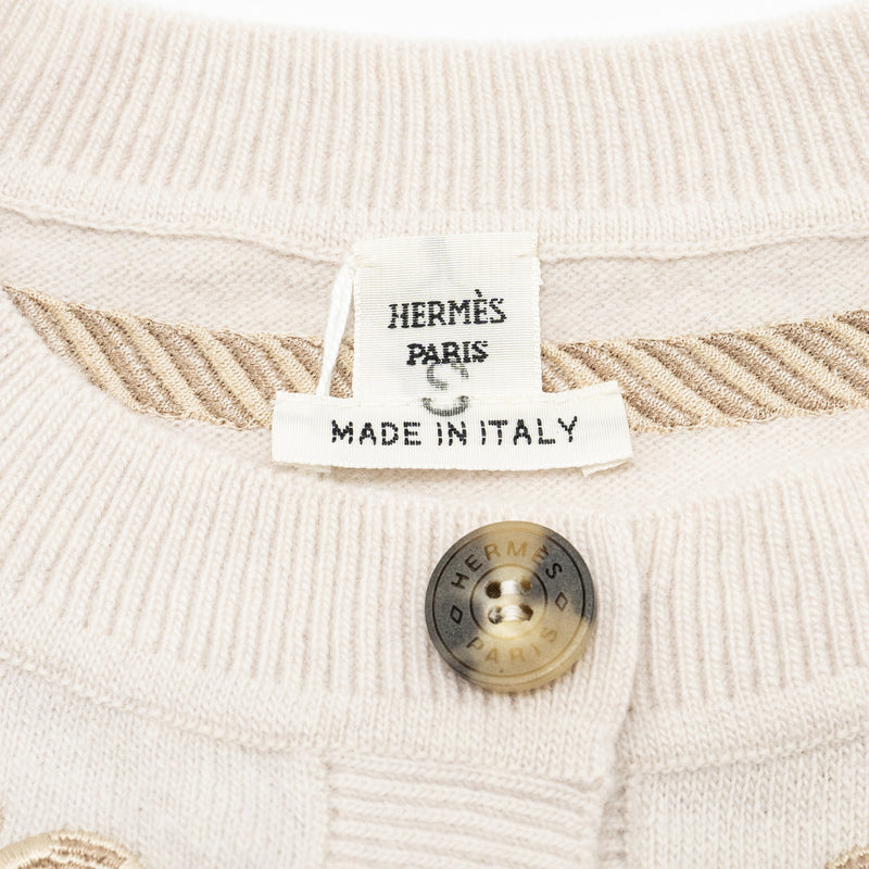 Hermes Size 34 Maille Tambours boutonne Cardigan Virgin Wool Blanc Pouos