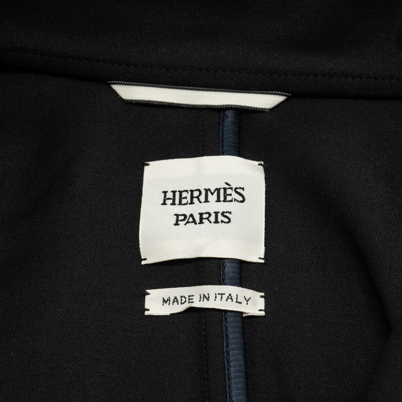 HERMES Size 36 Single-Breasted Long Coat With Belt Virgin Wool Black