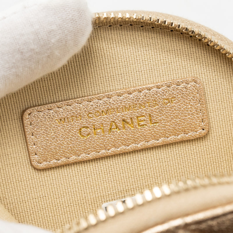 Chanel ROUND Clip on Purse DUO Bag Charm quilted lambskin Metallic Gold LGHW (Mircochip)
