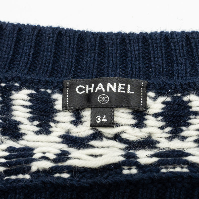Chanel Size 34 18A Hamburg Chunky Knit Sweater Wool/Cashmere Navy/White