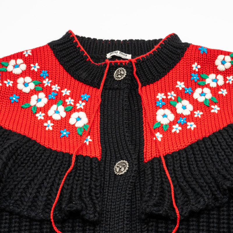 Miu Miu Size 38 Floral Cardigan Wool Black Red Multicolour