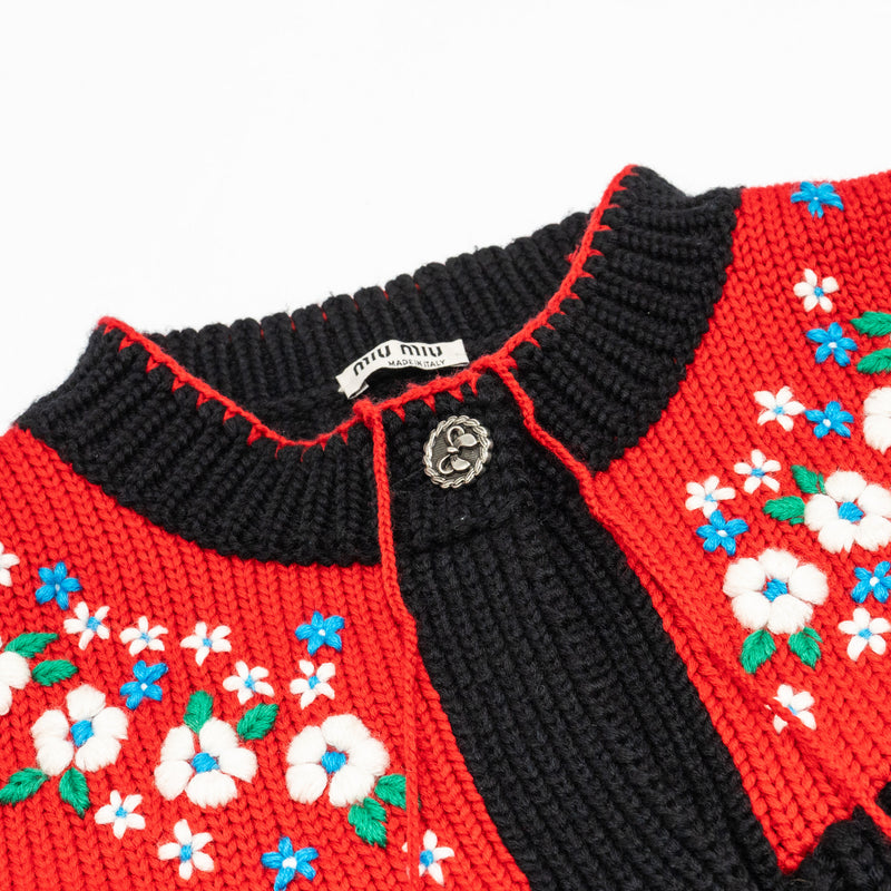 Miu Miu Size 38 Floral Cardigan Wool Black/Red Multicolour