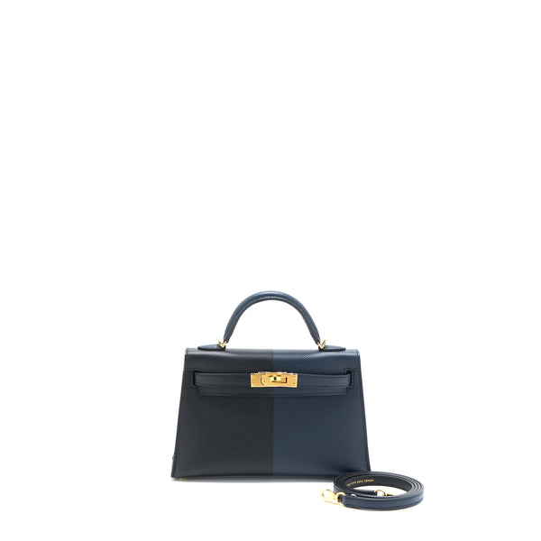 Hermes Mini Kelly Epsom Blue Indigo/Black/Rouge Grenat GHW Stamp Z