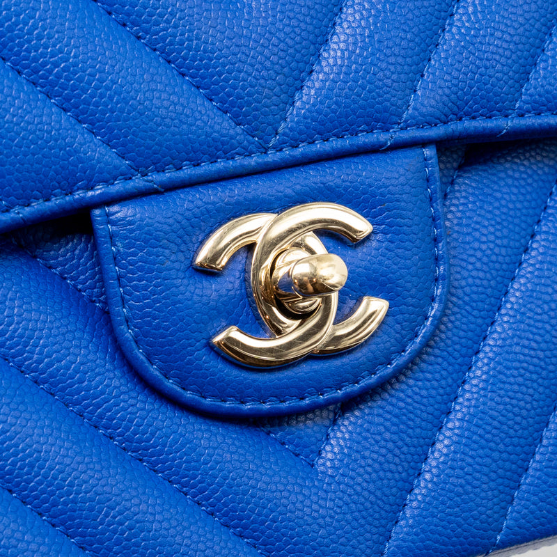 Chanel Small Classic Double flap bag Chevron Caviar blue LGHW