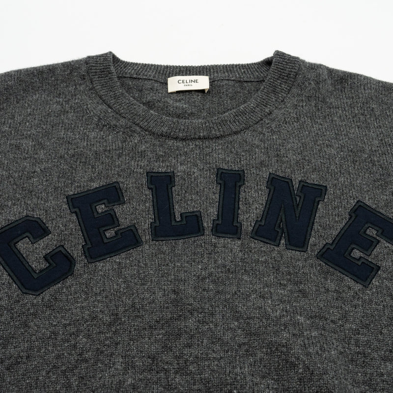 CELINE Size L Graphic Print Crew Neck Sweater Wool/Cashmere Dark Grey