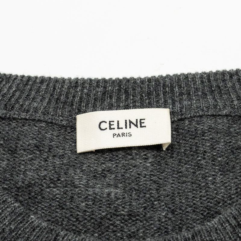 CELINE Size L Graphic Print Crew Neck Sweater Wool/Cashmere Dark Grey