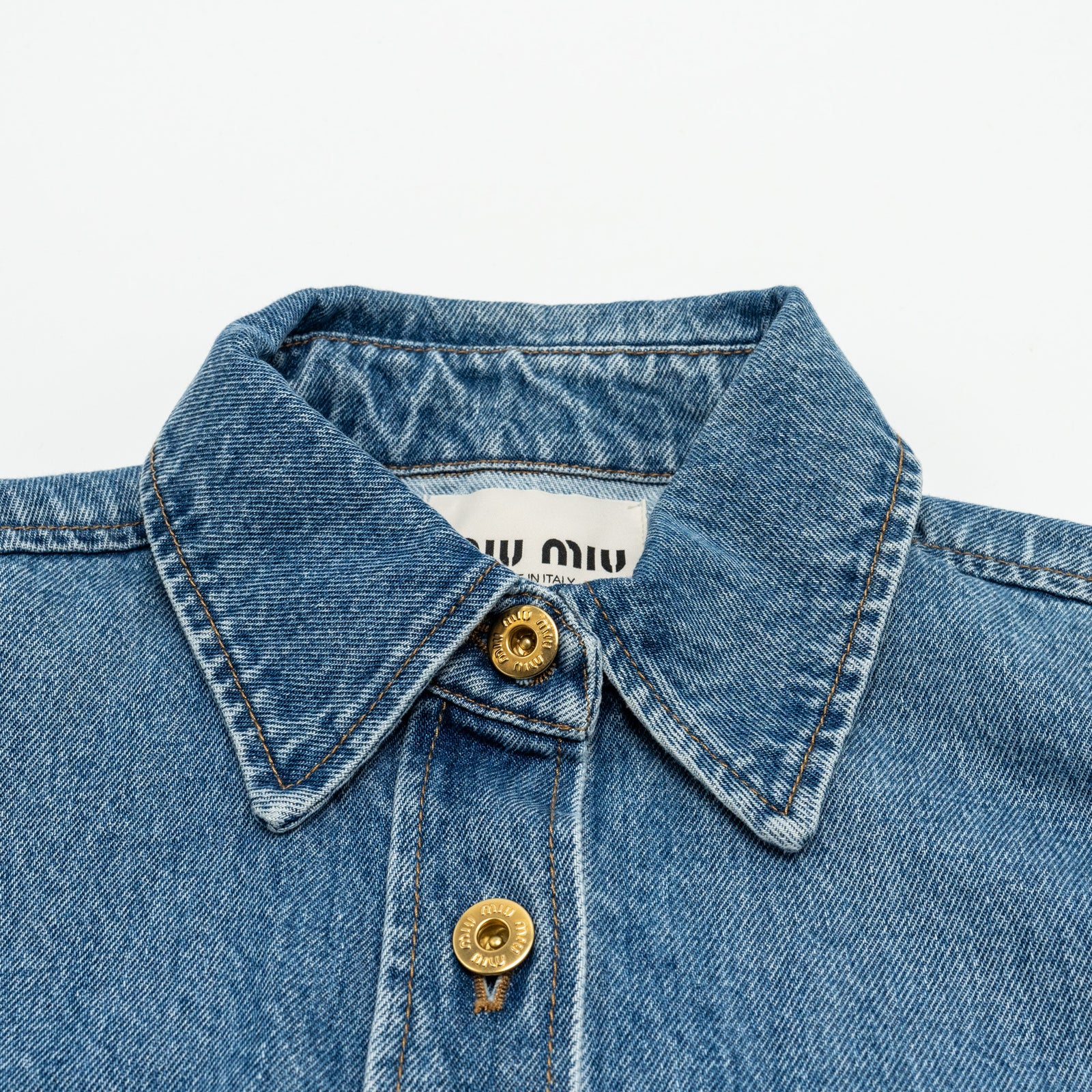 MIU MIU Size 38 Cropped Denim Shirt with Logo-embroidered MIU MIU Size 38 Cropped Denim Shirt with Logo-embroidered