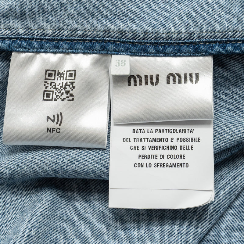MIU MIU Size 38 Cropped Denim Shirt with Logo-embroidered Cotton Denim Blue