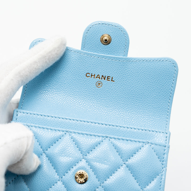 Chanel classic flap card holder caviar blue LGHW (microchip)