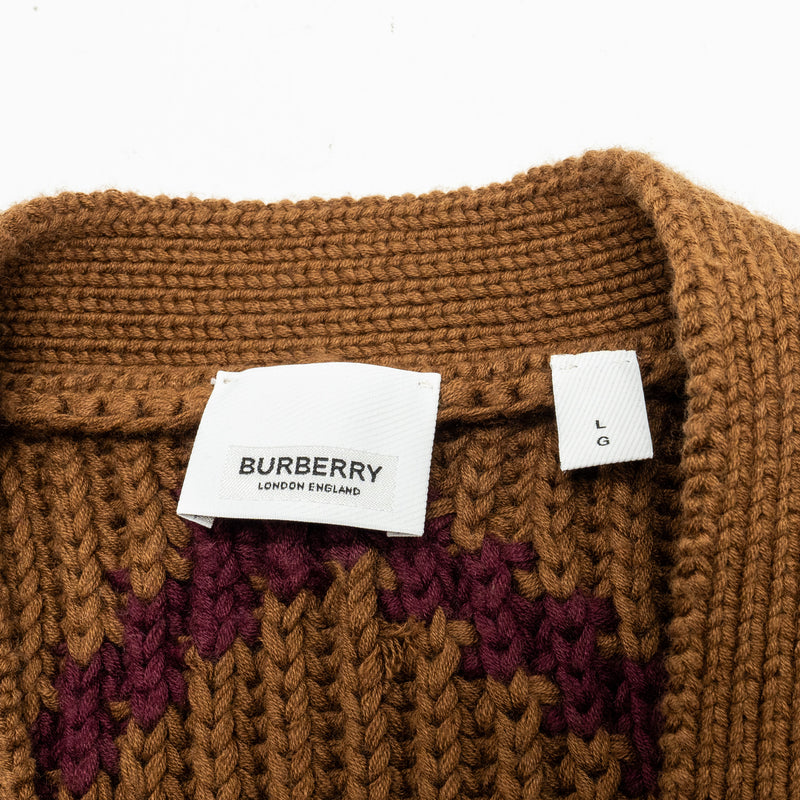 Burberry Size L Chevron Pattern Ribbed Cardigan Cashmere/Cotton Brown/Multicolour