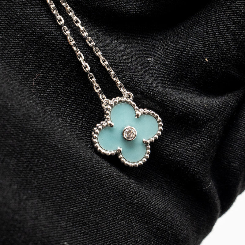 Van Cleef & Arpels 2022 Holiday Limited Vintage Alhambra Pendant Porcelain/White Gold/Diamond