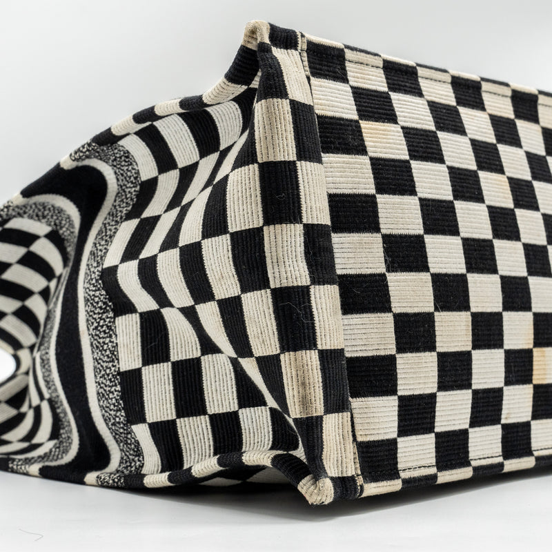 Dior Large Book Tote White Checkered Embroidered Canvas Black / White