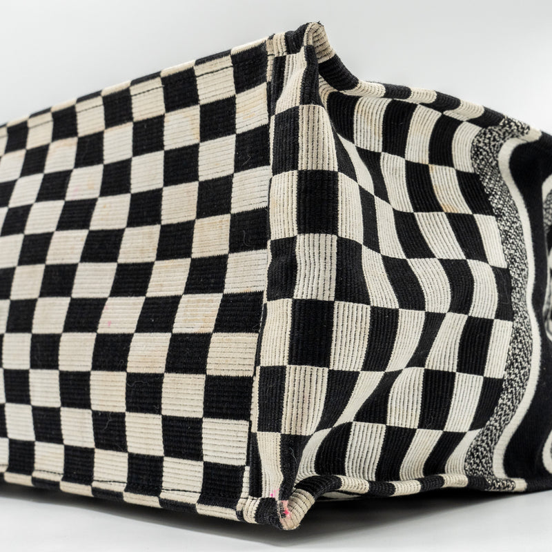 Dior Large Book Tote White Checkered Embroidered Canvas Black / White