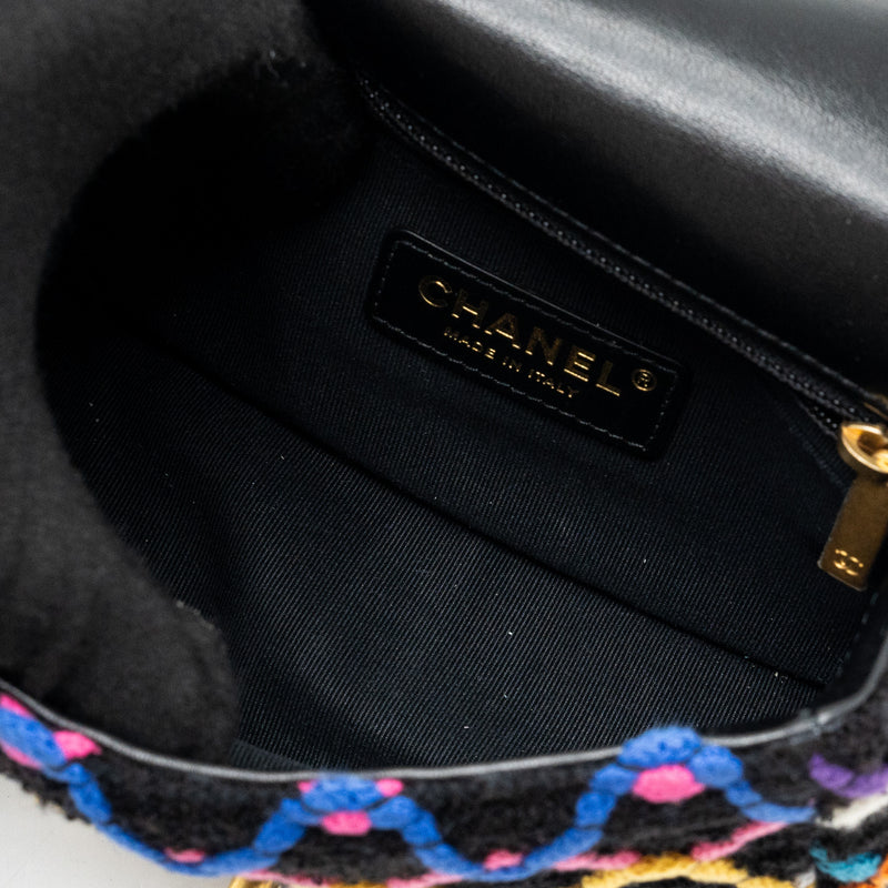 Chanel 22S pearl crush mini square flap bag fabric / tweed black / multicolor GHW (microchip)
