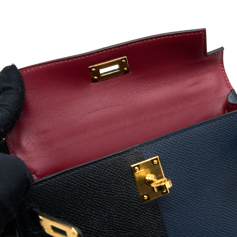 Hermès Mini Kelly Casaque Epsom Blue Indigo / Black Verso Rouge Grenat Gold  Hardware